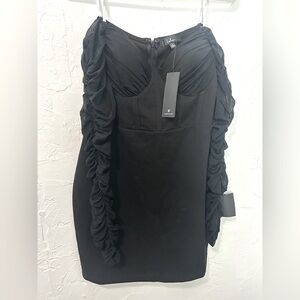 NWT Lulu’s Black Mesh Ruched Off the Shoulder Mini Dress